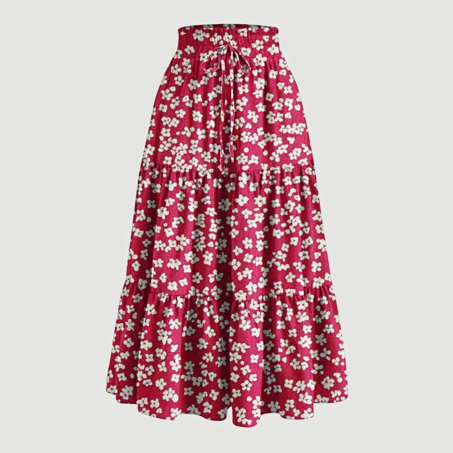 DDAPJ pyju High Waist Tiered Skirts for Women Boho Summer Floral Printed Flowy Skirts Drawstring Long Skirt with Pockets