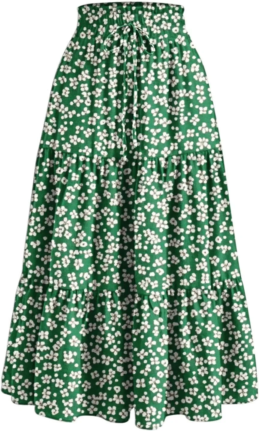DDAPJ pyju High Waist Tiered Skirts for Women Boho Summer Floral Printed Flowy Skirts Drawstring Long Skirt with Pockets