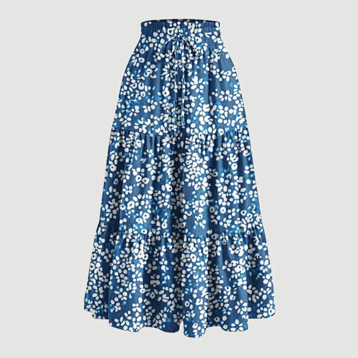DDAPJ pyju High Waist Tiered Skirts for Women Boho Summer Floral Printed Flowy Skirts Drawstring Long Skirt with Pockets