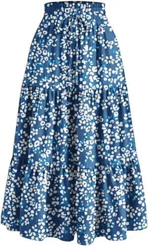 DDAPJ pyju High Waist Tiered Skirts for Women Boho Summer Floral Printed Flowy Skirts Drawstring Long Skirt with Pockets