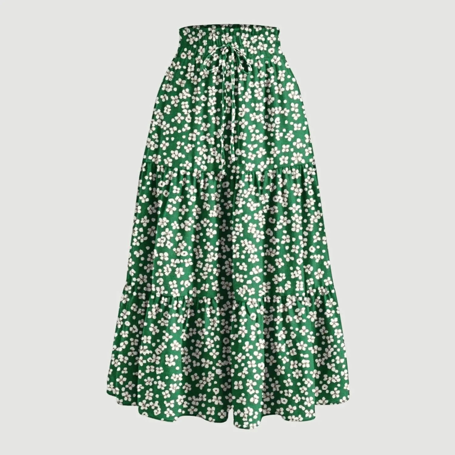 DDAPJ pyju High Waist Tiered Skirts for Women Boho Summer Floral Printed Flowy Skirts Drawstring Long Skirt with Pockets