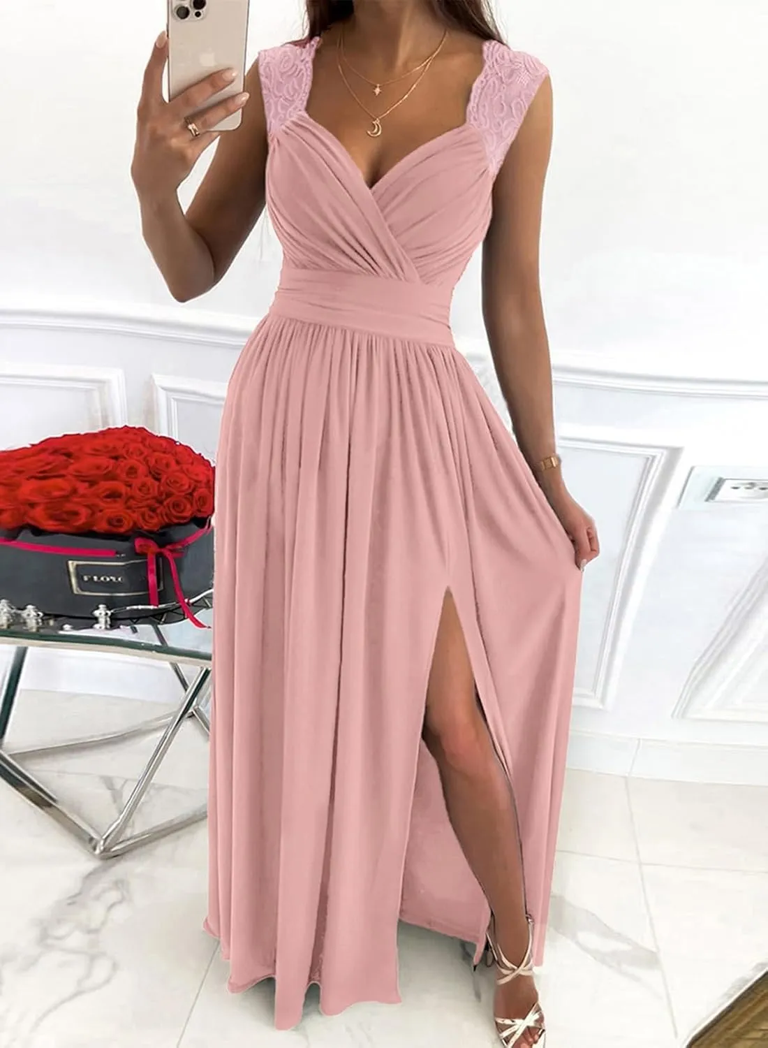 Dokotoo Womens 2025 Formal Dresses Wrap V-Neck Ruched Sexy Bridesmaid Wedding Guest Maxi Dresses