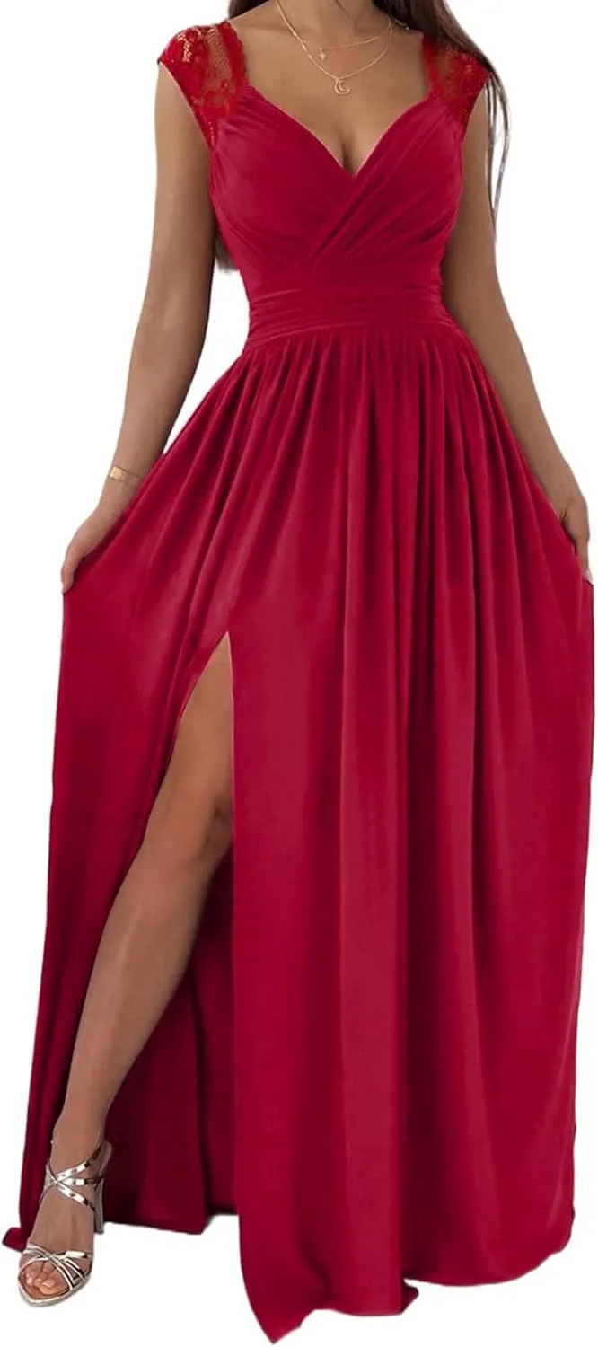 Dokotoo Womens 2025 Formal Dresses Wrap V-Neck Ruched Sexy Bridesmaid Wedding Guest Maxi Dresses