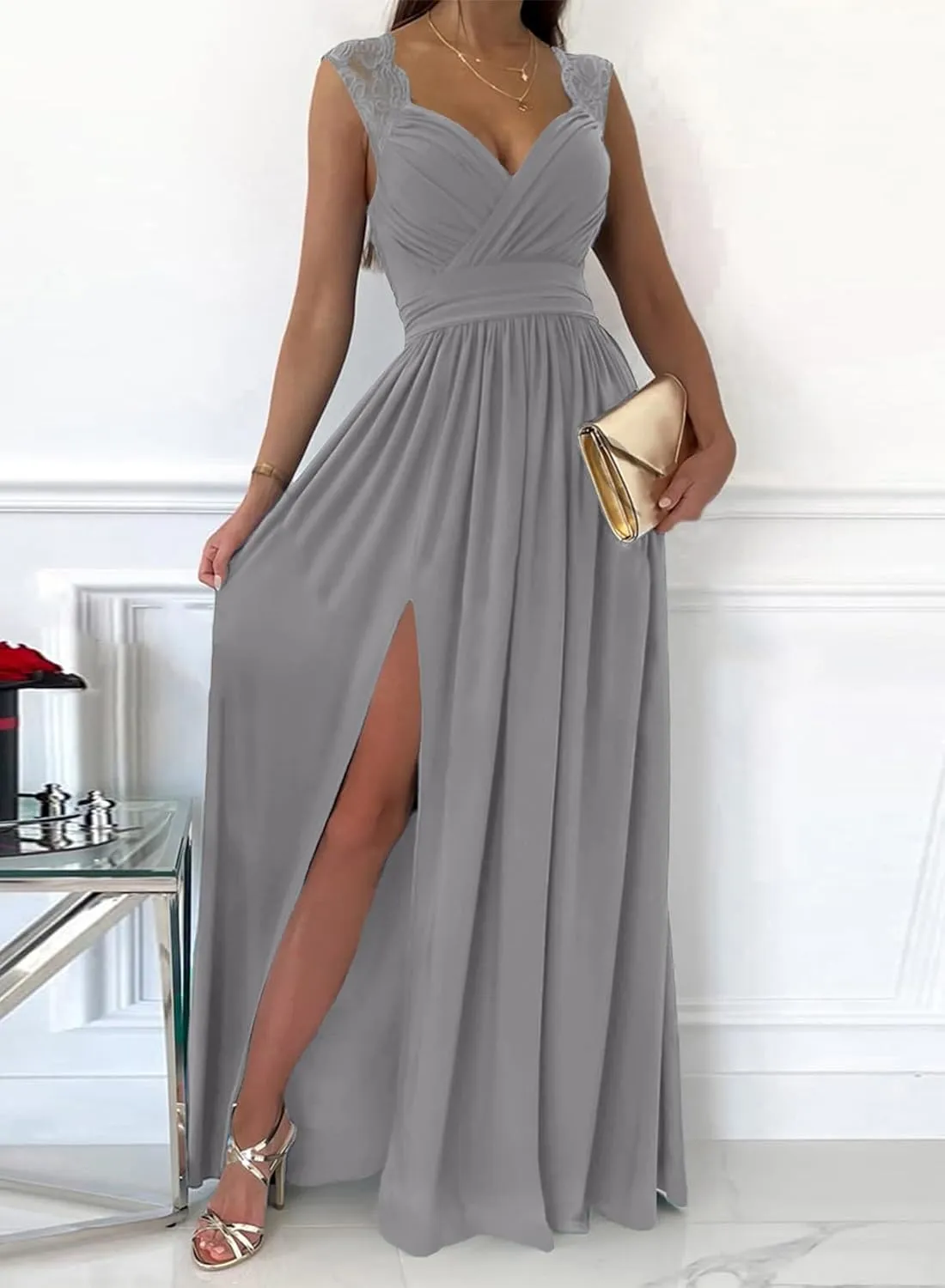 Dokotoo Womens 2025 Formal Dresses Wrap V-Neck Ruched Sexy Bridesmaid Wedding Guest Maxi Dresses