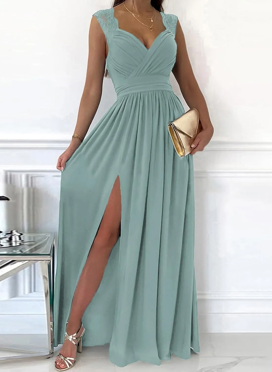 Dokotoo Womens 2025 Formal Dresses Wrap V-Neck Ruched Sexy Bridesmaid Wedding Guest Maxi Dresses