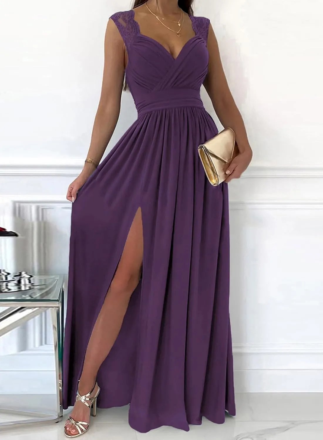 Dokotoo Womens 2025 Formal Dresses Wrap V-Neck Ruched Sexy Bridesmaid Wedding Guest Maxi Dresses