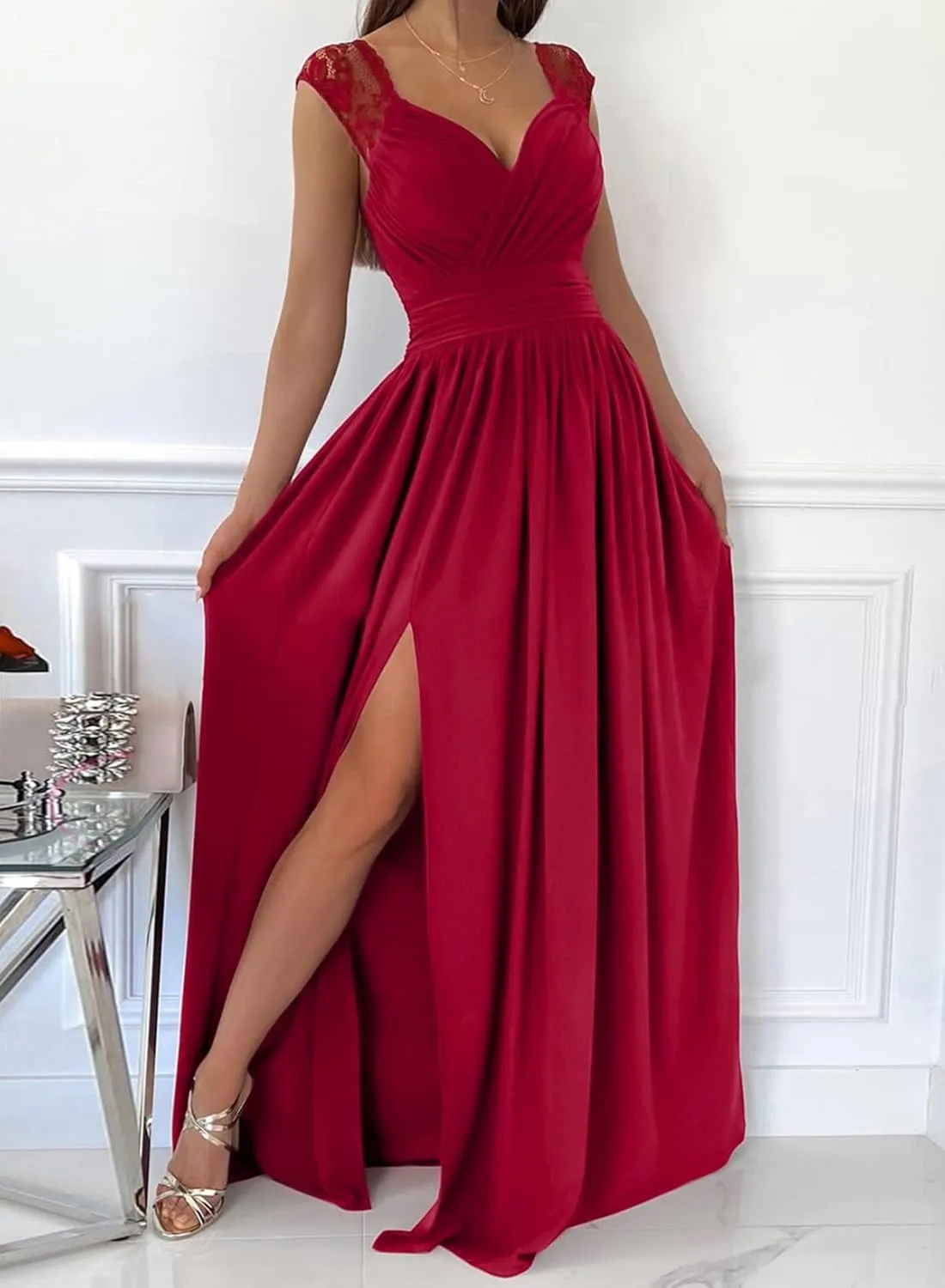 Dokotoo Womens 2025 Formal Dresses Wrap V-Neck Ruched Sexy Bridesmaid Wedding Guest Maxi Dresses