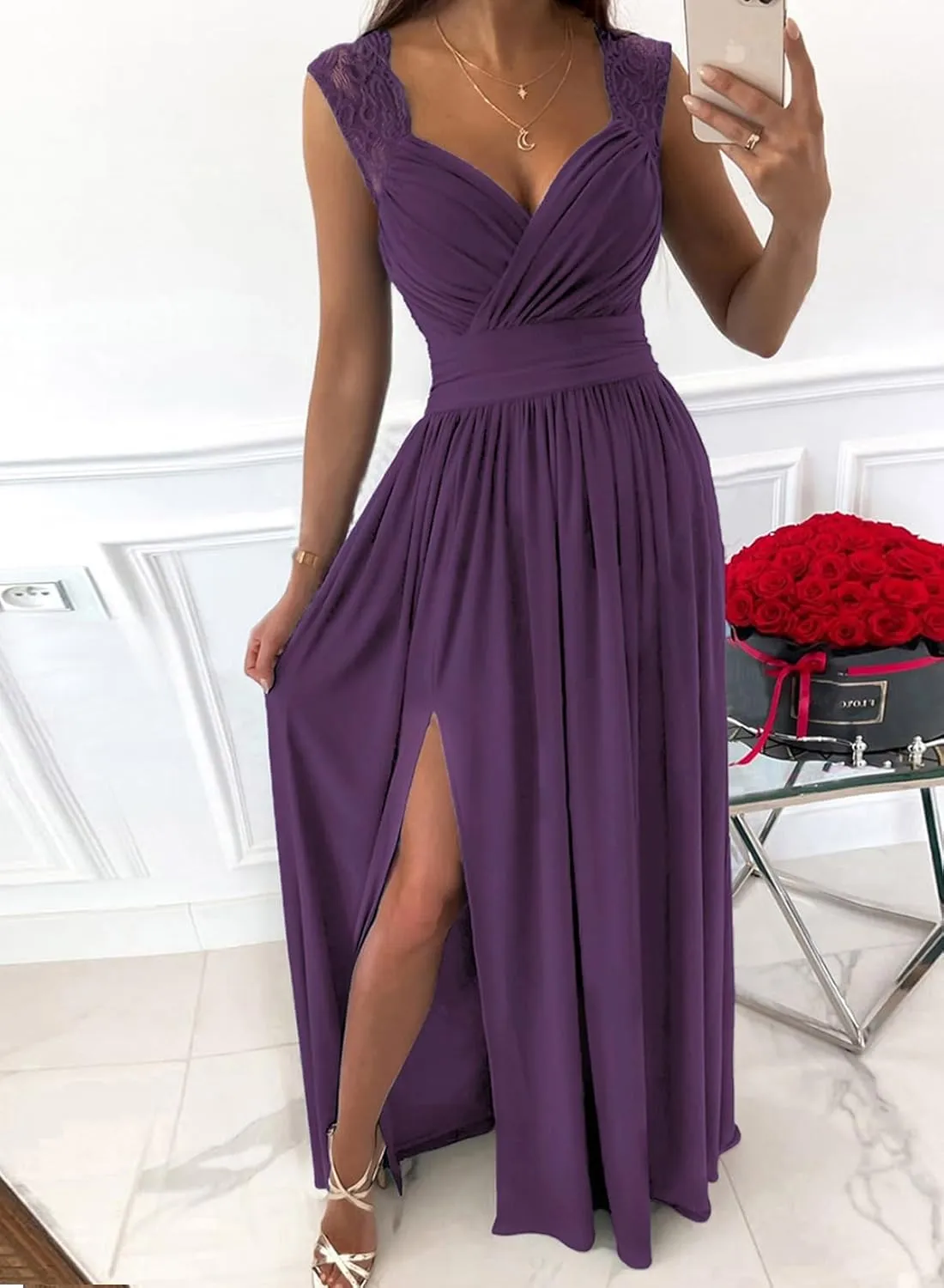 Dokotoo Womens 2025 Formal Dresses Wrap V-Neck Ruched Sexy Bridesmaid Wedding Guest Maxi Dresses