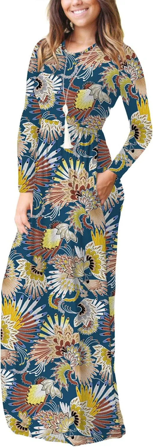 EUOVMY Women's Long Sleeve Loose Maxi Dresses Casual Long Dresses with Pockets