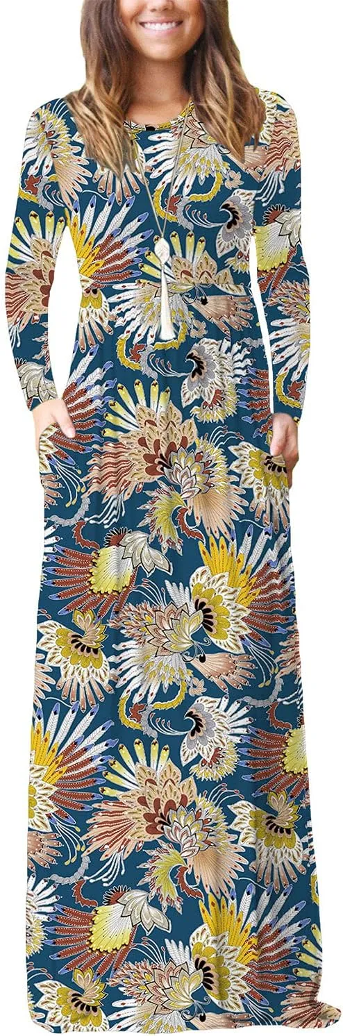 EUOVMY Women's Long Sleeve Loose Maxi Dresses Casual Long Dresses with Pockets