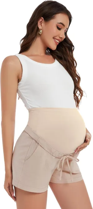 FABRACK Women's Maternity Shorts Linen-Look Drawstring Cotton Shorts Over Belly Summer Casual Pregnancy Clothes with Pockets