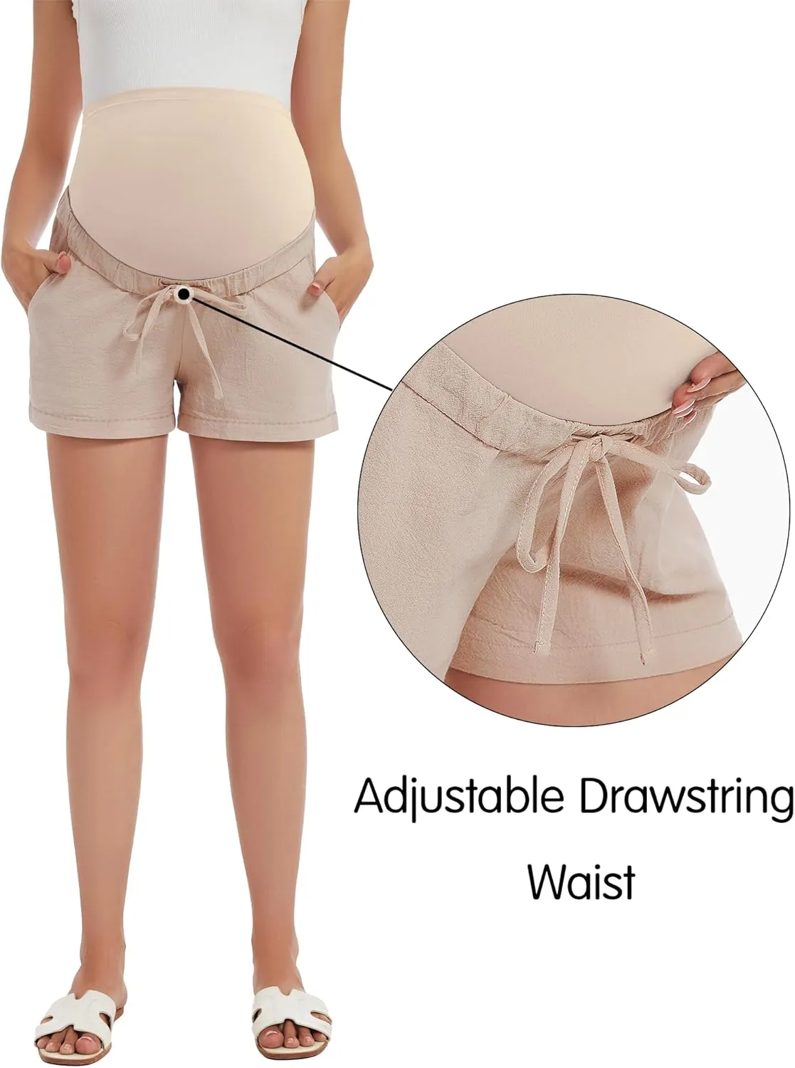 FABRACK Women's Maternity Shorts Linen-Look Drawstring Cotton Shorts Over Belly Summer Casual Pregnancy Clothes with Pockets