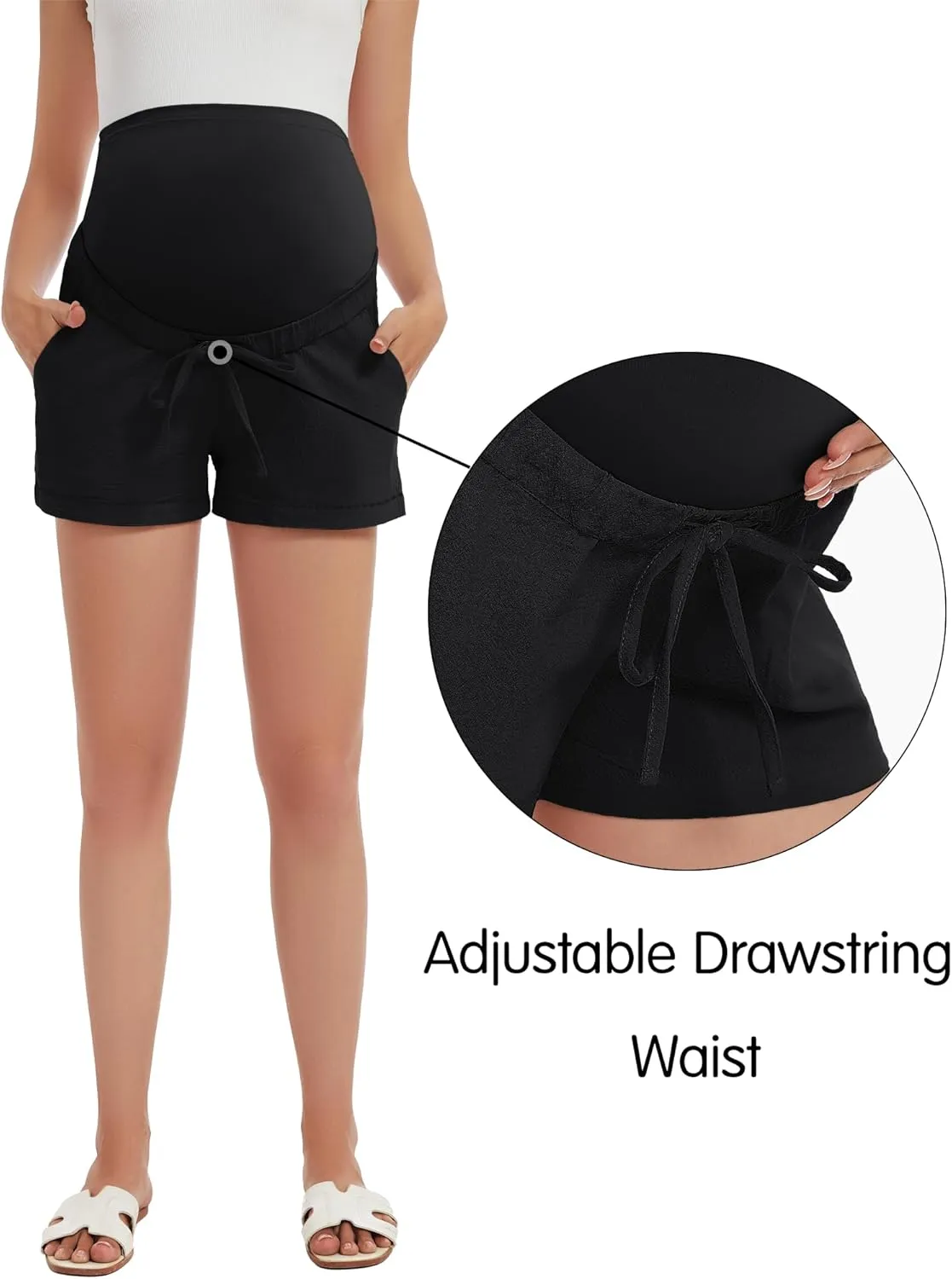FABRACK Women's Maternity Shorts Linen-Look Drawstring Cotton Shorts Over Belly Summer Casual Pregnancy Clothes with Pockets