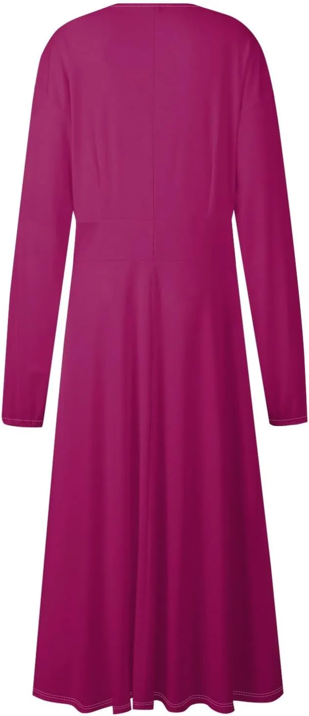 Fall Wedding Guest Dresses Long Sleeve Wrap V Neck Ruffle Belted A-Line Flowy Midi Dresses