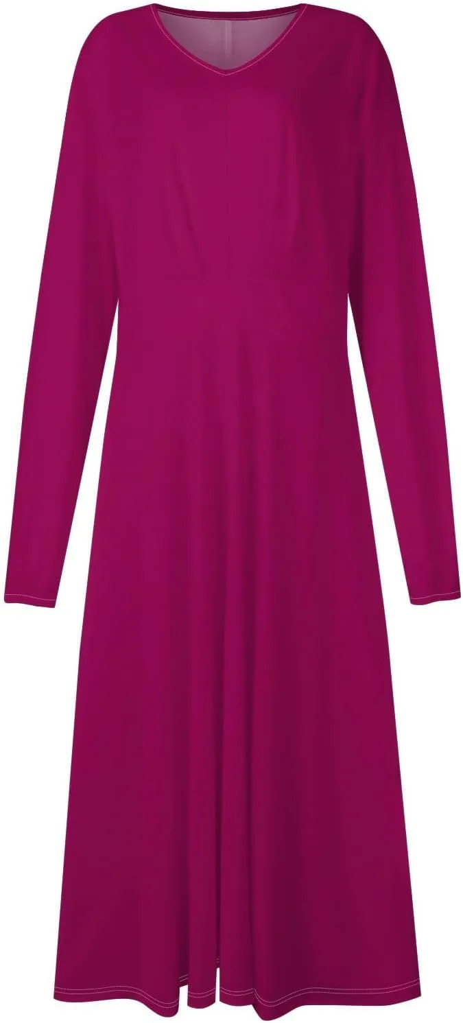 Fall Wedding Guest Dresses Long Sleeve Wrap V Neck Ruffle Belted A-Line Flowy Midi Dresses