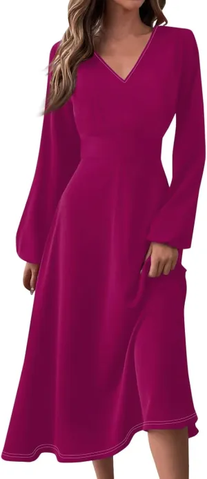 Fall Wedding Guest Dresses Long Sleeve Wrap V Neck Ruffle Belted A-Line Flowy Midi Dresses