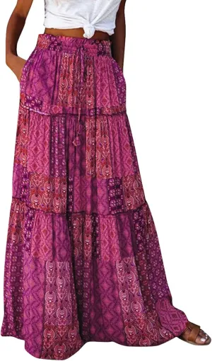 FlekmanArt Skirts for Women Boho Flowy Swing Tiered A-Line Midi Skirt 2025 Trendy Elastic Waist Pleated Long Beach Dress