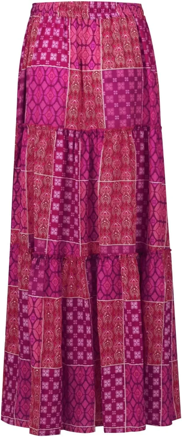 FlekmanArt Skirts for Women Boho Flowy Swing Tiered A-Line Midi Skirt 2025 Trendy Elastic Waist Pleated Long Beach Dress