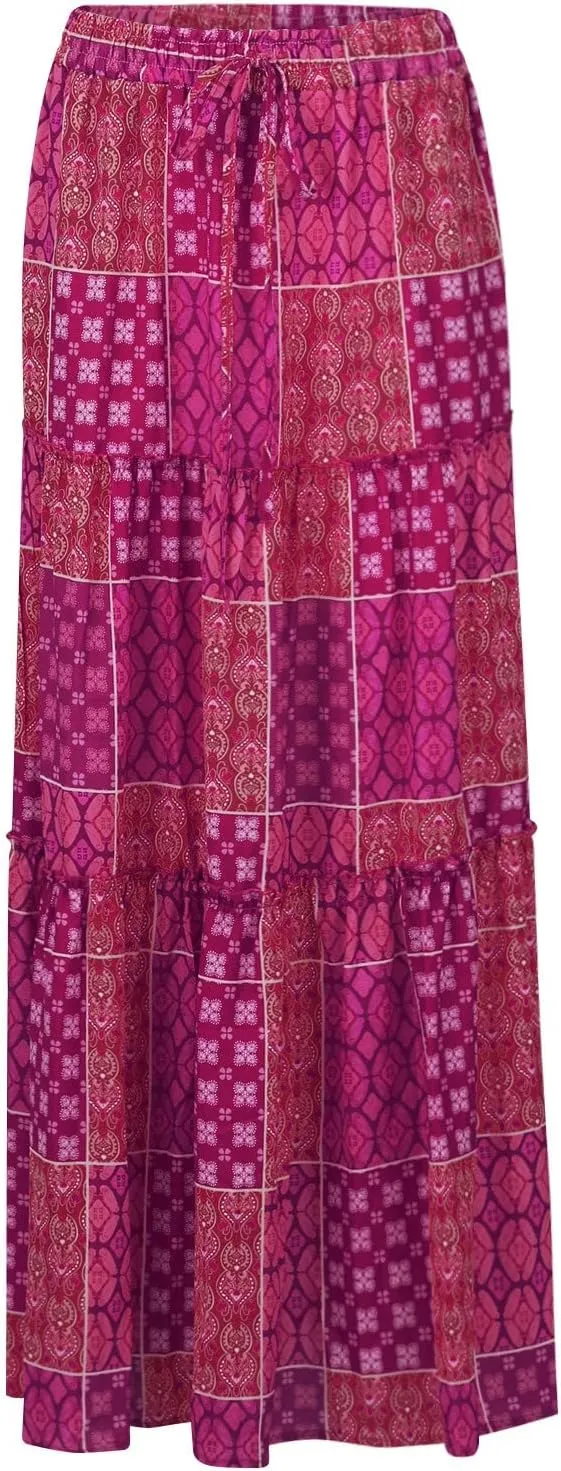 FlekmanArt Skirts for Women Boho Flowy Swing Tiered A-Line Midi Skirt 2025 Trendy Elastic Waist Pleated Long Beach Dress