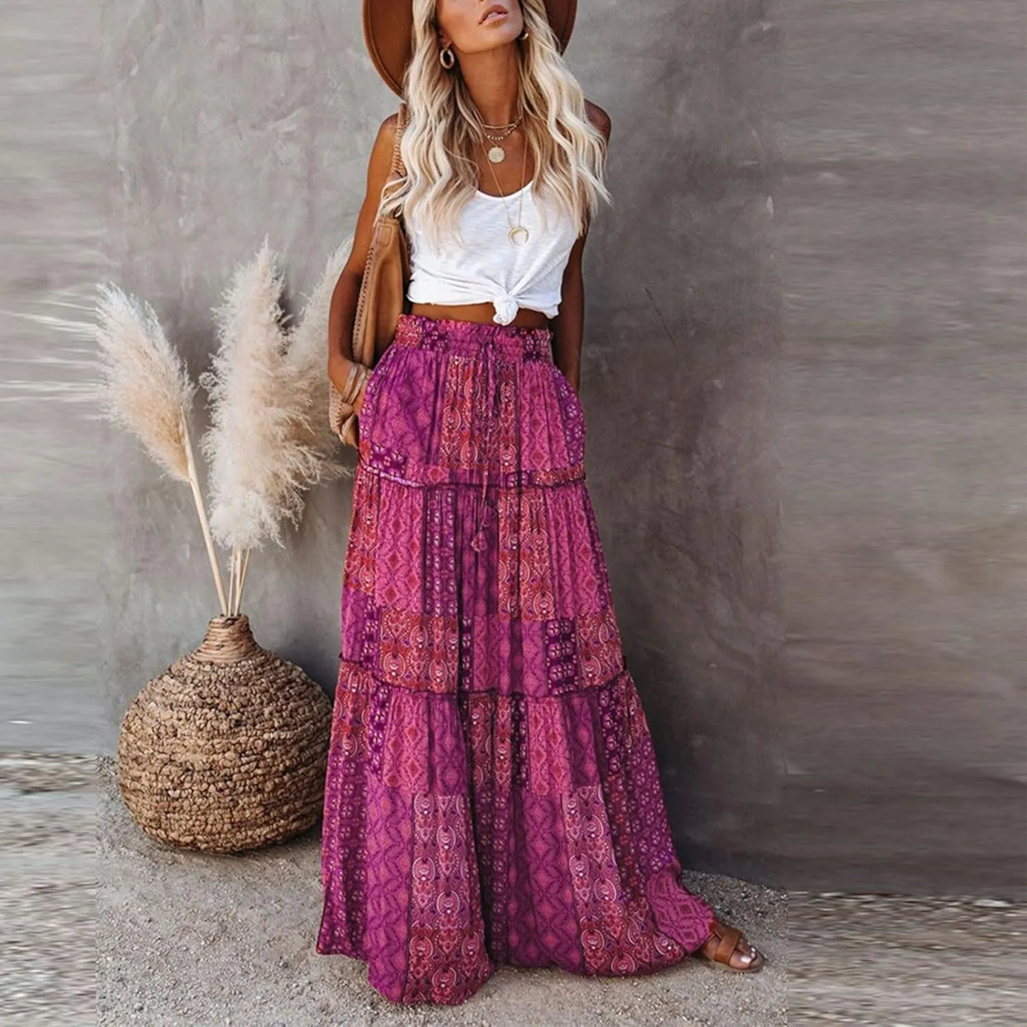 FlekmanArt Skirts for Women Boho Flowy Swing Tiered A-Line Midi Skirt 2025 Trendy Elastic Waist Pleated Long Beach Dress