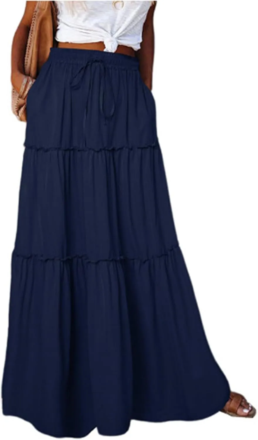 FlekmanArt Women's Summer Boho Maxi Skirt A-Line Flowy Ruffle Tiered Elastic High Waist Beach Pleated Long Skirts with Pocket