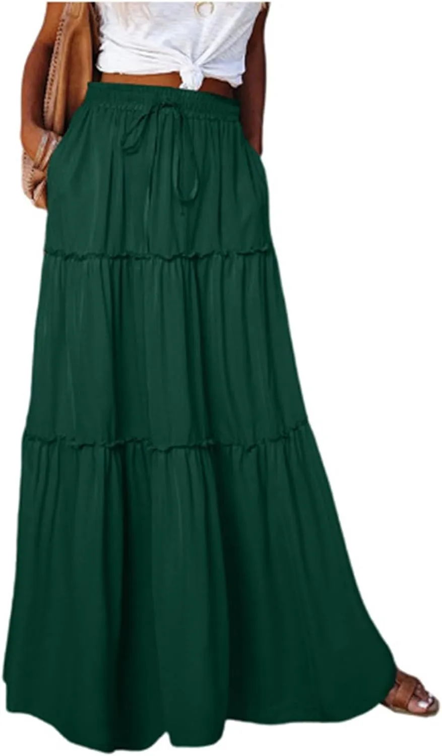 FlekmanArt Women's Summer Boho Maxi Skirt A-Line Flowy Ruffle Tiered Elastic High Waist Beach Pleated Long Skirts with Pocket