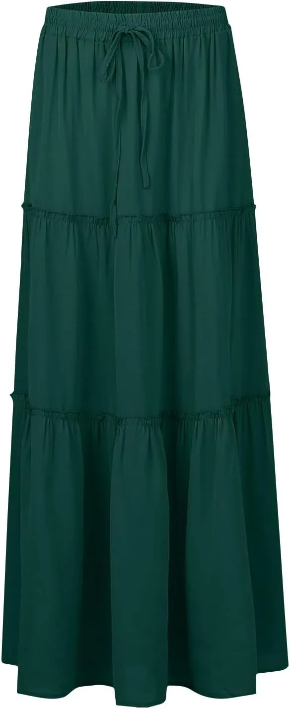 FlekmanArt Women's Summer Boho Maxi Skirt A-Line Flowy Ruffle Tiered Elastic High Waist Beach Pleated Long Skirts with Pocket