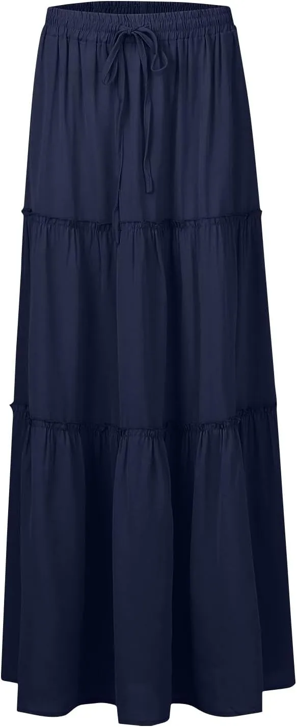 FlekmanArt Women's Summer Boho Maxi Skirt A-Line Flowy Ruffle Tiered Elastic High Waist Beach Pleated Long Skirts with Pocket