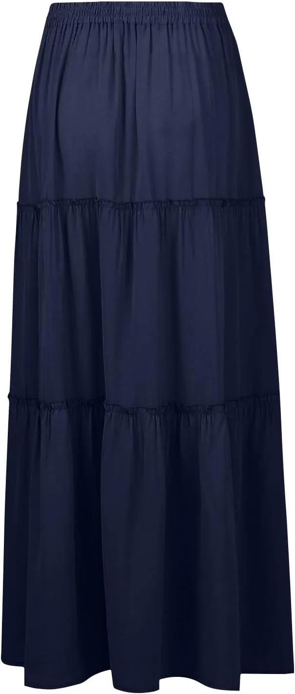 FlekmanArt Women's Summer Boho Maxi Skirt A-Line Flowy Ruffle Tiered Elastic High Waist Beach Pleated Long Skirts with Pocket