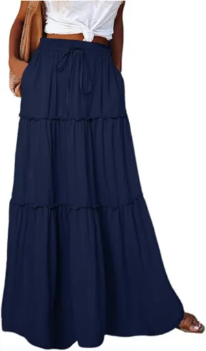 FlekmanArt Women's Summer Boho Maxi Skirt A-Line Flowy Ruffle Tiered Elastic High Waist Beach Pleated Long Skirts with Pocket