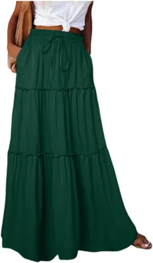 FlekmanArt Women's Summer Boho Maxi Skirt A-Line Flowy Ruffle Tiered Elastic High Waist Beach Pleated Long Skirts with Pocket