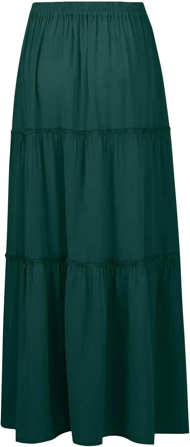 FlekmanArt Women's Summer Boho Maxi Skirt A-Line Flowy Ruffle Tiered Elastic High Waist Beach Pleated Long Skirts with Pocket