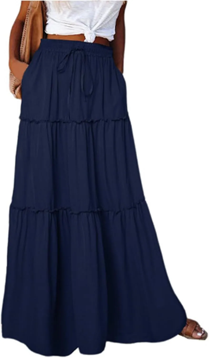 FlekmanArt Women's Summer Boho Maxi Skirt A-Line Flowy Ruffle Tiered Elastic High Waist Beach Pleated Long Skirts with Pocket