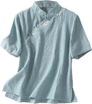 Floral Cotton Linen Retro Chinese Frog Button Blouses for Women Vintage Summer Short Sleeve Side Slit Hem Tops Shirts