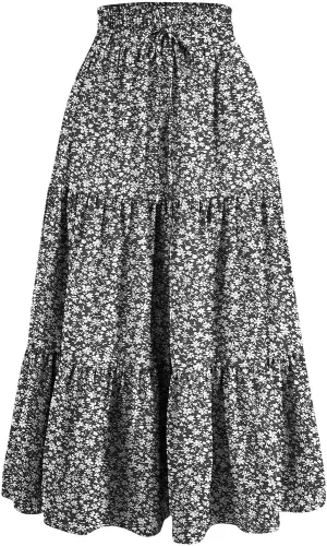 Floral Maxi Skirt Flowy Trendy Long Skirts for Women Boho High Waisted Swing A Line Tiered Casual Clothes