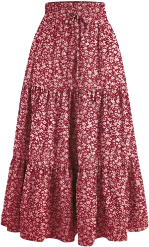 Floral Maxi Skirt Flowy Trendy Long Skirts for Women Boho High Waisted Swing A Line Tiered Casual Clothes