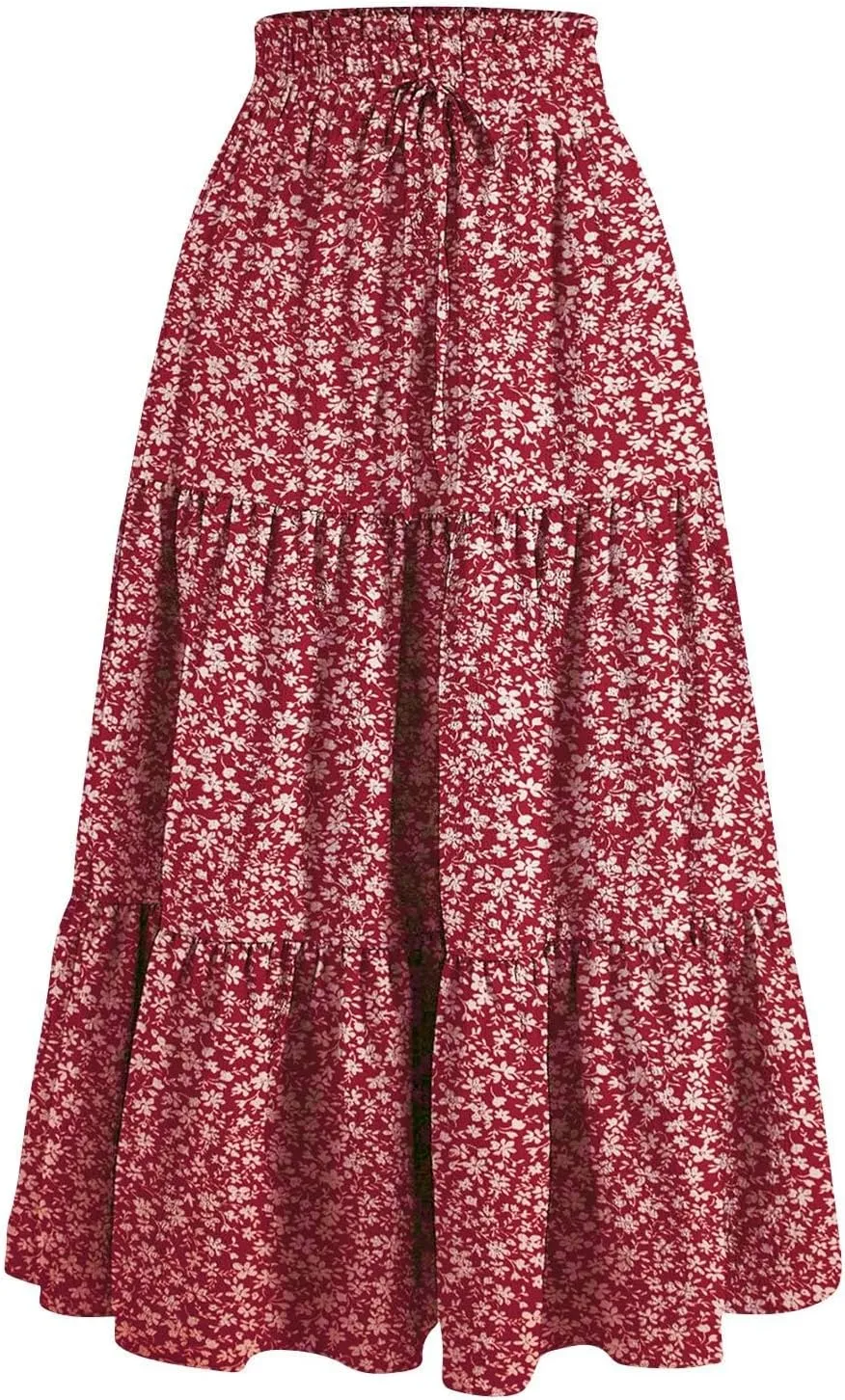 Floral Maxi Skirt Flowy Trendy Long Skirts for Women Boho High Waisted Swing A Line Tiered Casual Clothes