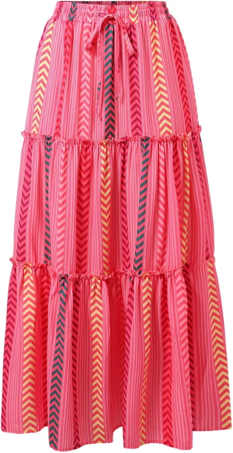 Floral Maxi Skirt for Women Boho Flowy Summer Long Skirt Ruffle Elastic High Waist Vacation Beach A-Line Skirts 2025