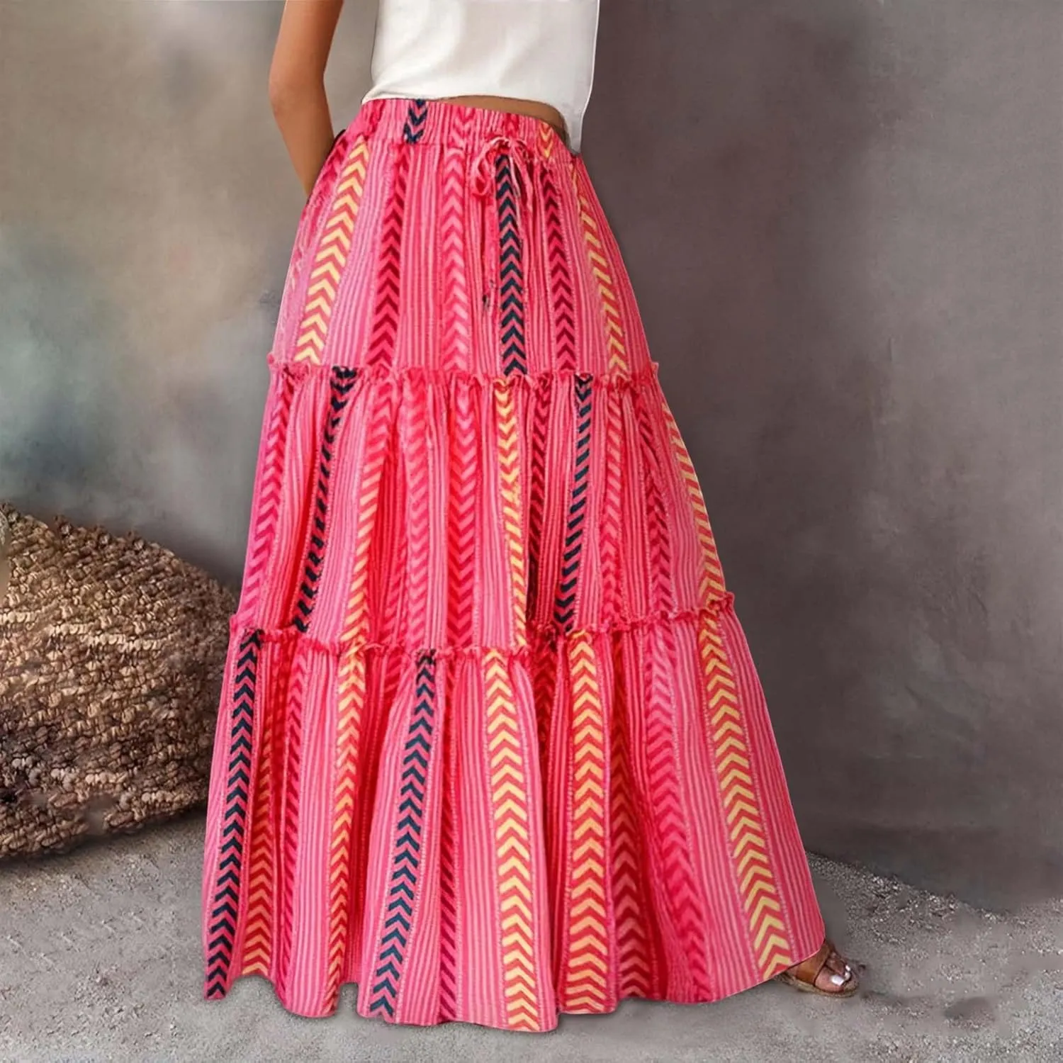 Floral Maxi Skirt for Women Boho Flowy Summer Long Skirt Ruffle Elastic High Waist Vacation Beach A-Line Skirts 2025
