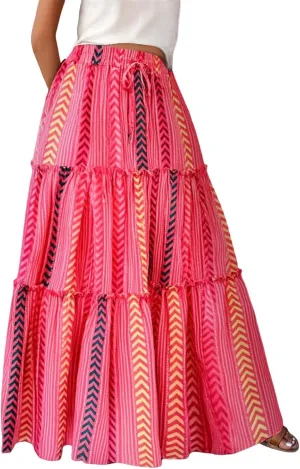 Floral Maxi Skirt for Women Boho Flowy Summer Long Skirt Ruffle Elastic High Waist Vacation Beach A-Line Skirts 2025
