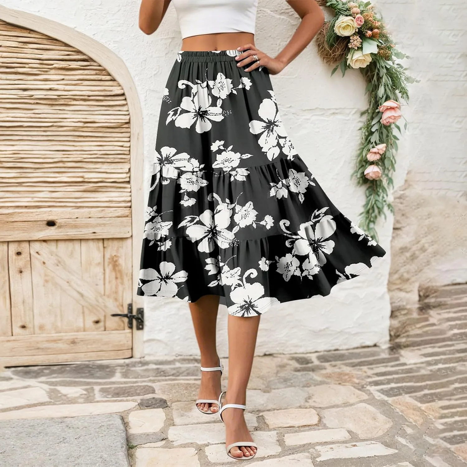 Floral Midi Skirt for Women Comfy Tiered Elastic High Waisted Skirt Vacation A-Line Flowy Swing Boho Beach Skirts