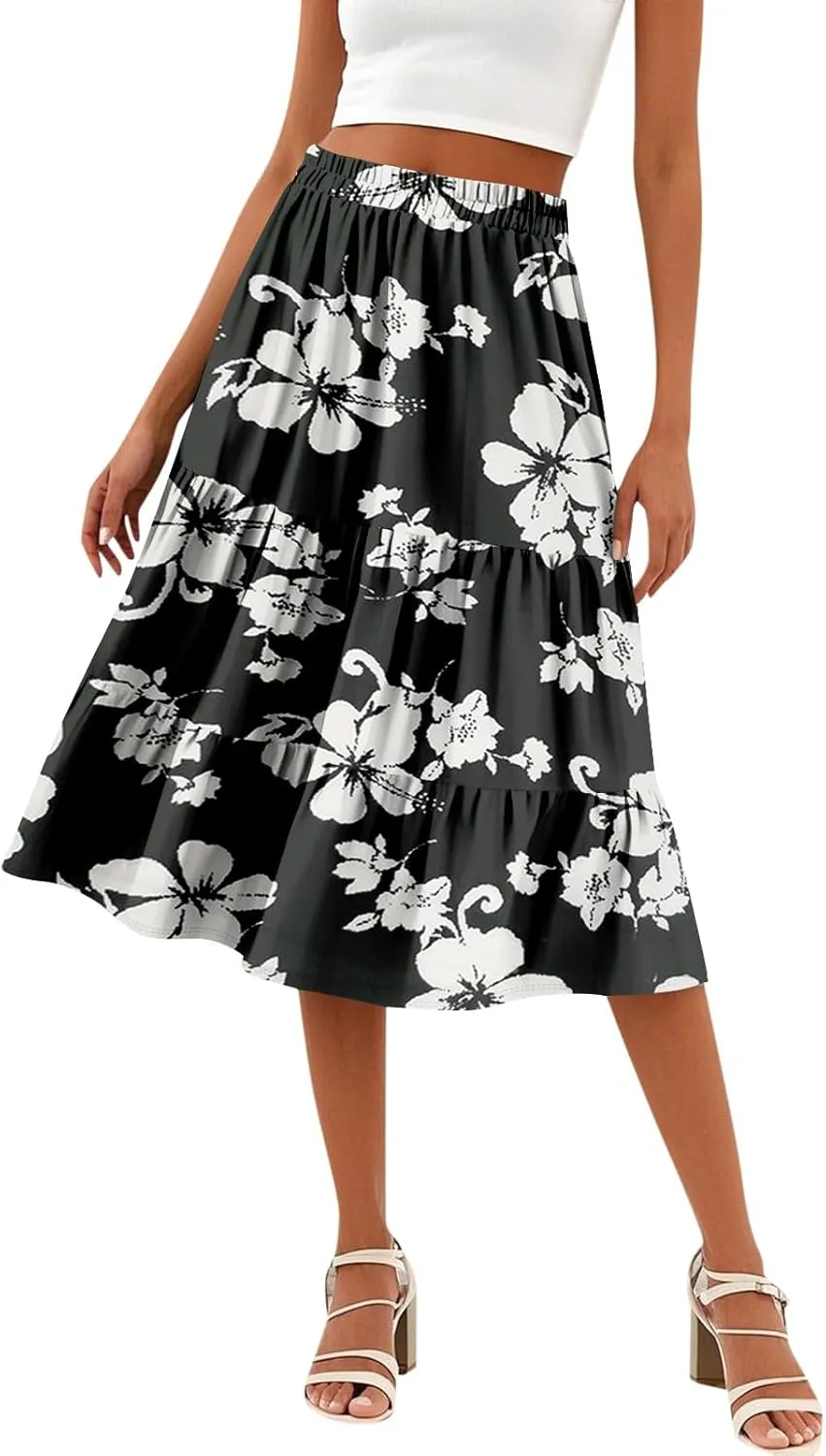 Floral Midi Skirt for Women Comfy Tiered Elastic High Waisted Skirt Vacation A-Line Flowy Swing Boho Beach Skirts