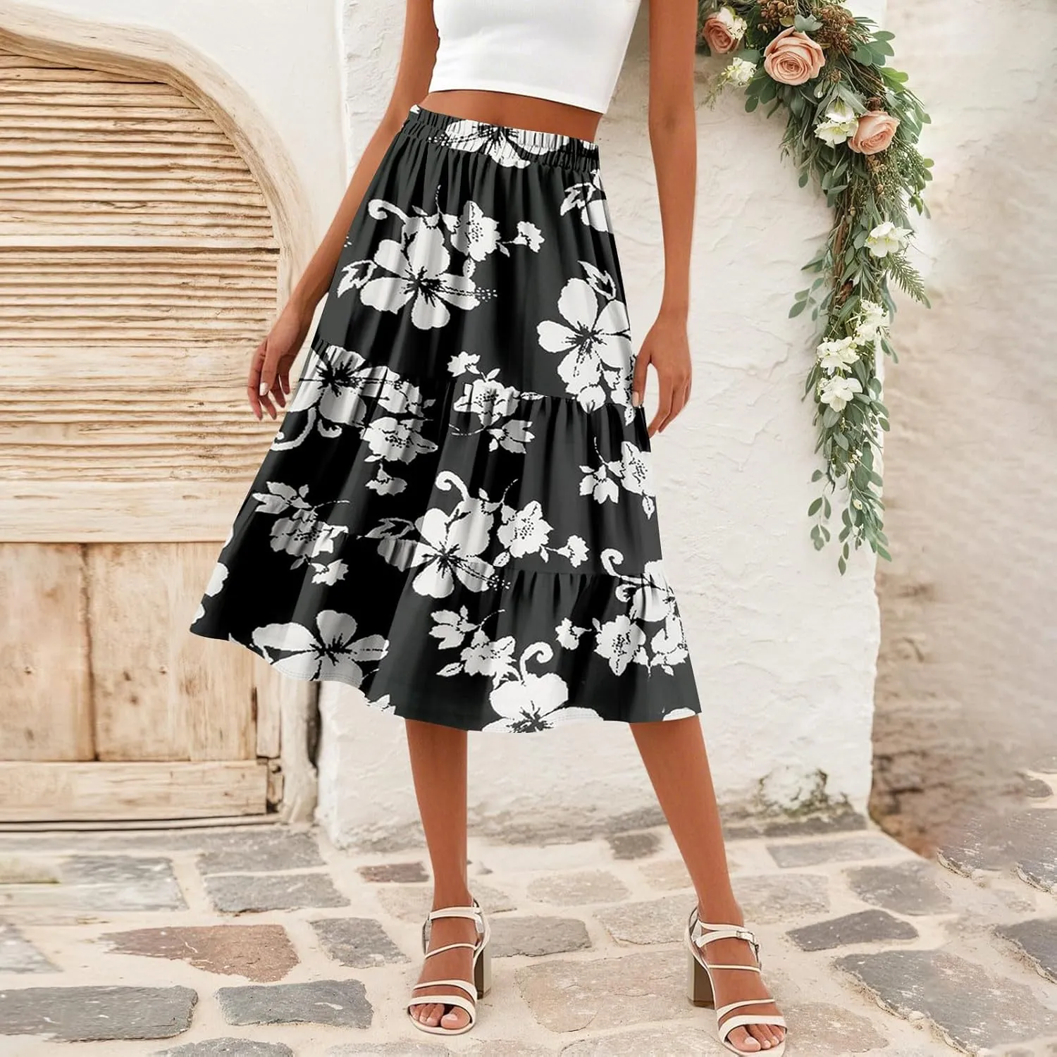 Floral Midi Skirt for Women Comfy Tiered Elastic High Waisted Skirt Vacation A-Line Flowy Swing Boho Beach Skirts