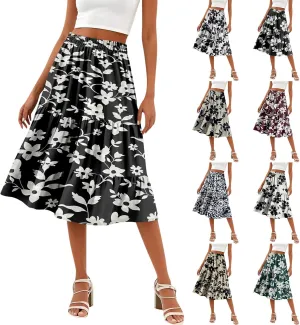 Floral Midi Skirt for Women Comfy Tiered Elastic High Waisted Skirt Vacation A-Line Flowy Swing Boho Beach Skirts