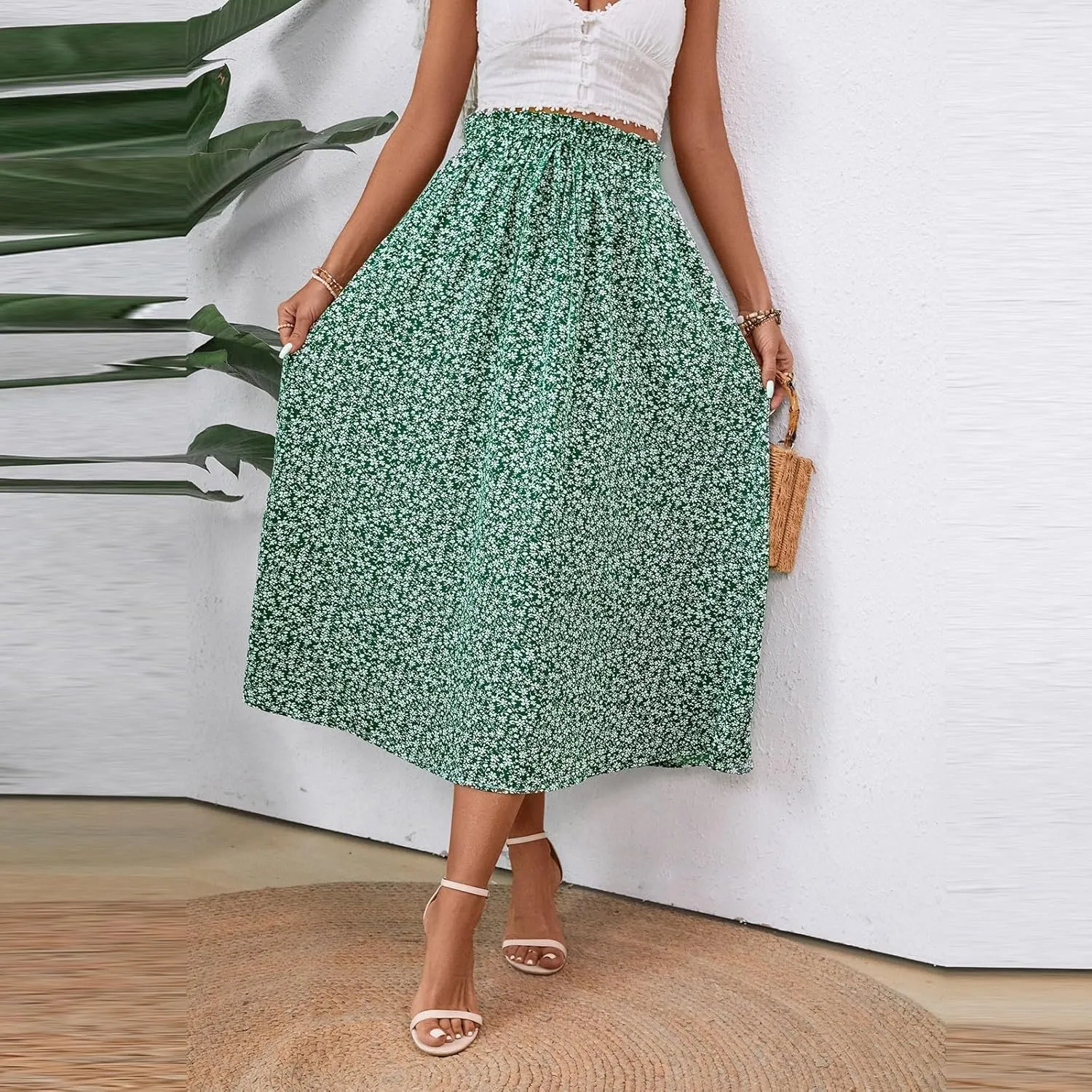 Floral Skirts for Women 2025 A-Line Loose Elastic High Waist Elastic Waist Pleated Summer Swing Skirts with Pocket