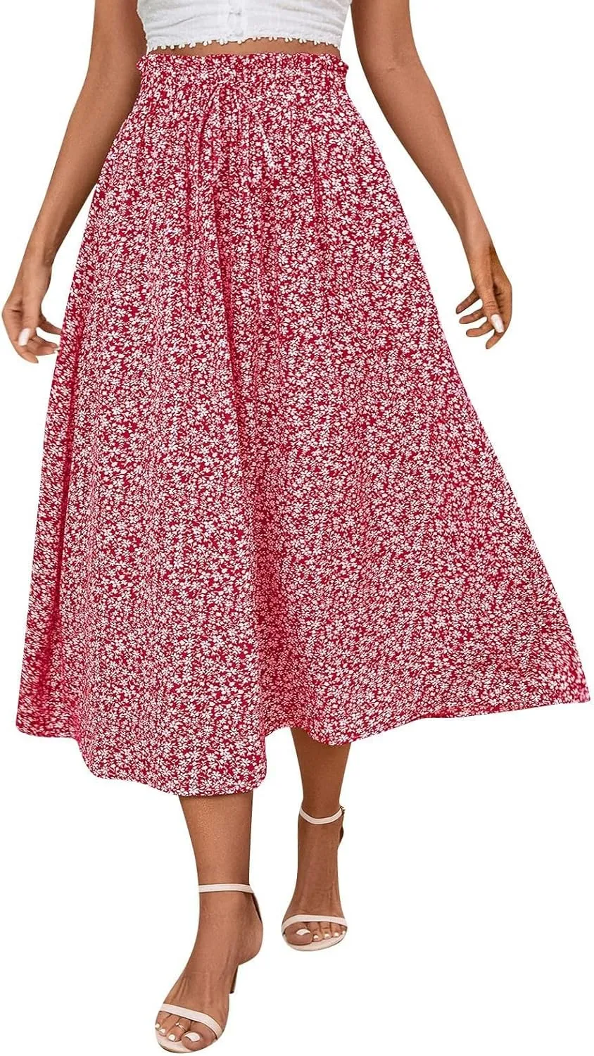 Floral Skirts for Women 2025 A-Line Loose Elastic High Waist Elastic Waist Pleated Summer Swing Skirts with Pocket