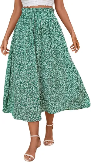 Floral Skirts for Women 2025 A-Line Loose Elastic High Waist Elastic Waist Pleated Summer Swing Skirts with Pocket