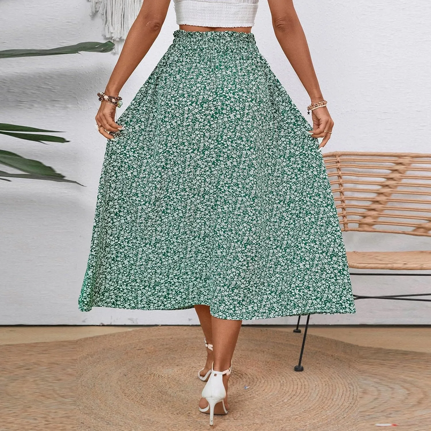 Floral Skirts for Women 2025 A-Line Loose Elastic High Waist Elastic Waist Pleated Summer Swing Skirts with Pocket