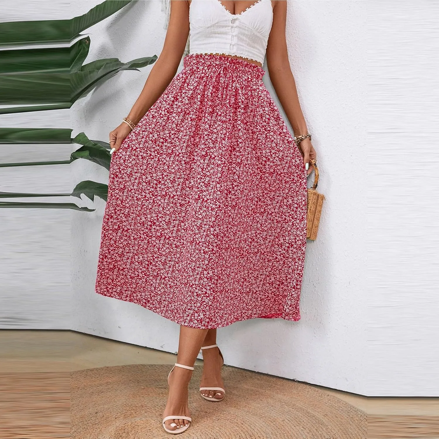 Floral Skirts for Women 2025 A-Line Loose Elastic High Waist Elastic Waist Pleated Summer Swing Skirts with Pocket