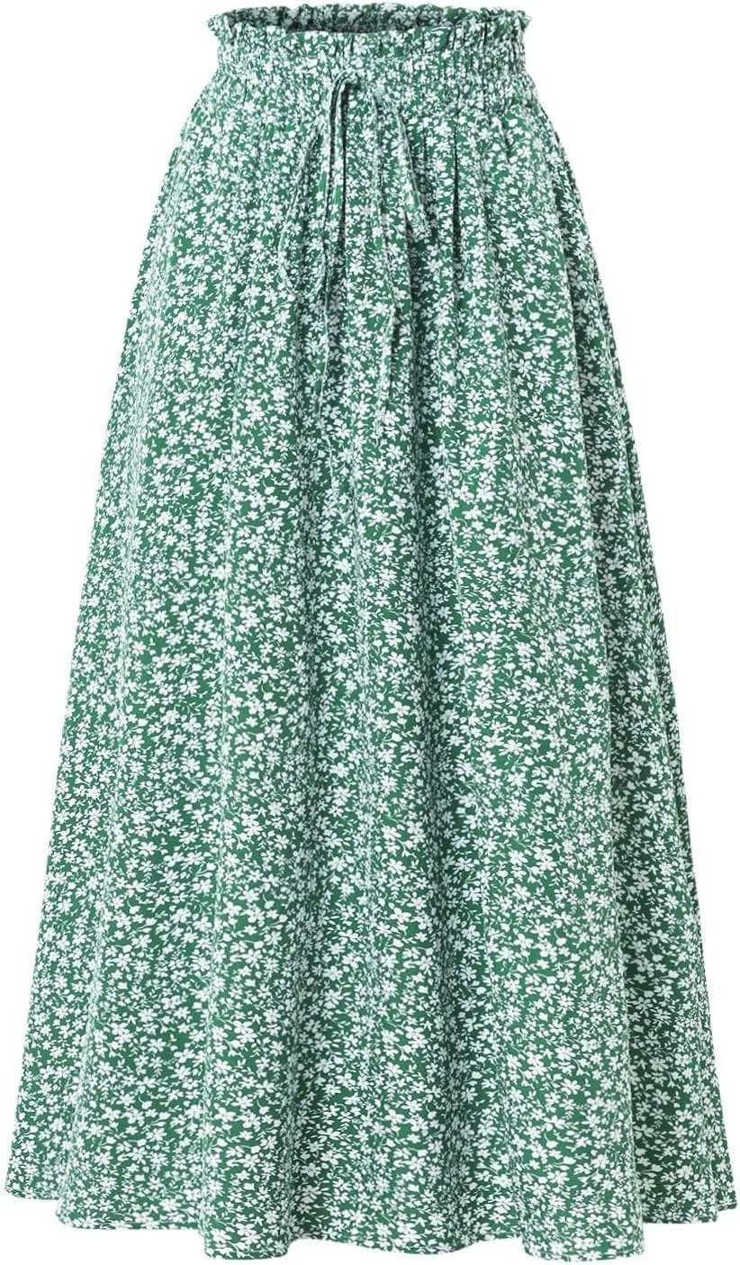 Floral Skirts for Women 2025 A-Line Loose Elastic High Waist Elastic Waist Pleated Summer Swing Skirts with Pocket